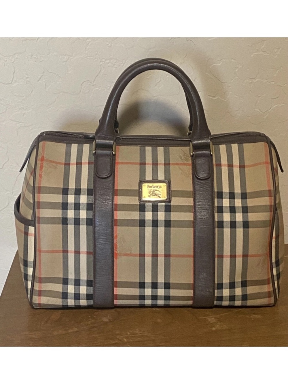 Auth Burberrys Nova Check Travel Boston Bag Canvas Leather Tan  Beige Vintage